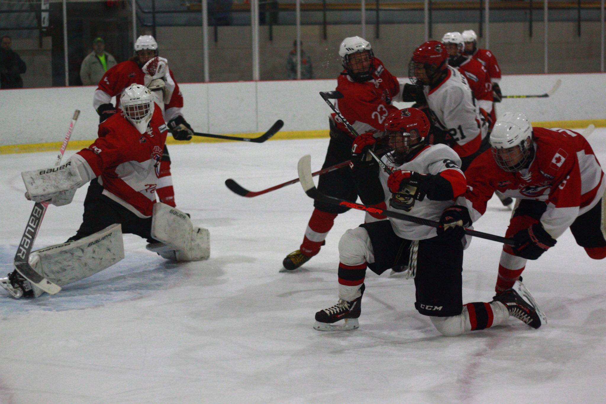 <p>Picton Pirate Chase Burden fires a backhand shot toward Rebels goaltender Nathan Walford.</p>
