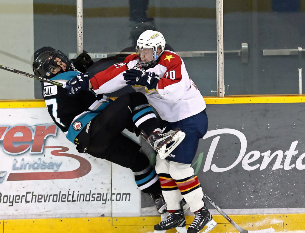 <p>New Wellington Dukes defenceman Mason Snell levels Brock Traill  of the Lindsay Muskies during the second period of Wellington’s 6-3 win Friday night in Lindsay.<br />
(Photo by Ed McPherson / OJHL Images)</p>
