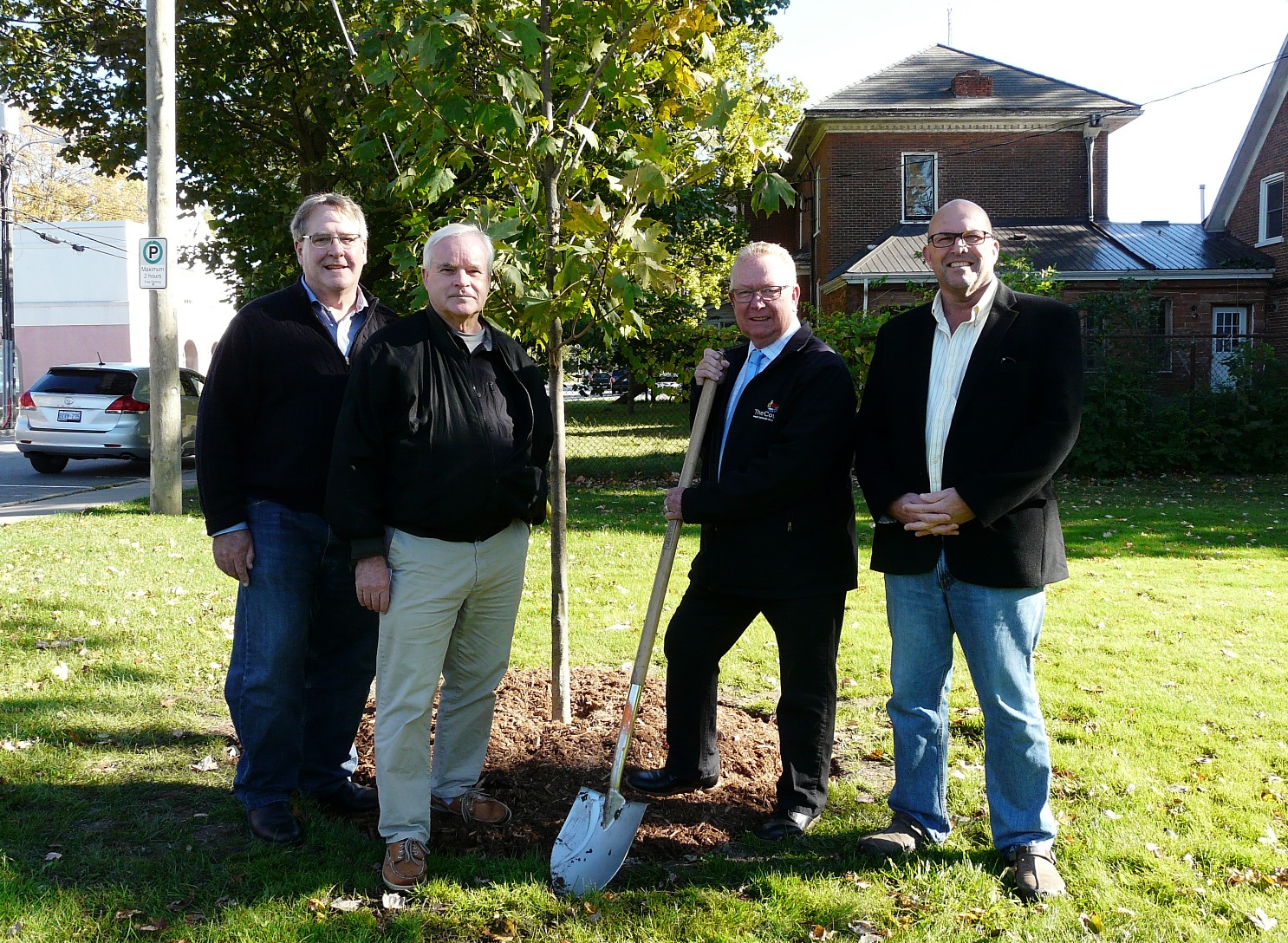 <p>From left, Canada 150 and Prince Edward County 225 Celebration Ad Hoc Committee members Ken Dewar and Peter Lockyer along with Mayor Robert Quaiff and councillor Steve Ferguson were on hand for the planting of the first commemorative tree on Oct. 18.</p>
