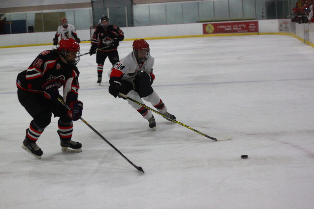 <p>Gananoque’s Lucas Sanders and Picton’s Brayden Bertrand race to a loose puck during the opening period of last Thursday’s 6–1 win.</p>
