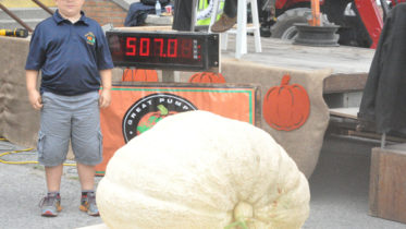 <p>A giant man – Carter Black, 11, of Huff’s Island Road is seen here with his large pumpkin entry. Black also brought a 152-lb watermelon to the weigh-off, the largest weighed in Canada this year. (Adam Bramburger/Gazette staff)</p>
