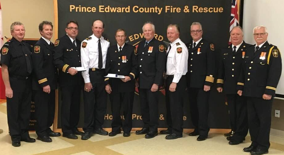 <p>DEDICATED TO THE CAUSE- A number of Prince Edward County Firefighters and First responders were honoured at the Department’s Long Service medal ceremony in Wellington Sunday afternoon. (Submitted Photo)</p>
