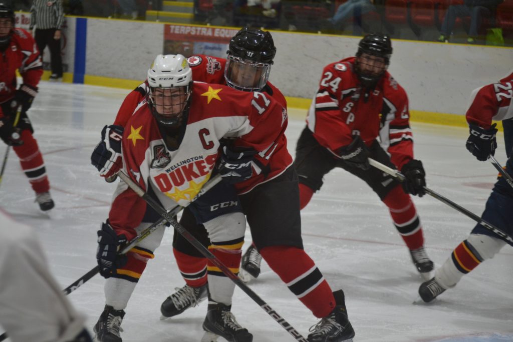 <p>LEADING BY EXAMPLE- Wellington Dukes captain Colin Doyle had a goal and an assist in Saturday’s 4-2 win over the Stoufville Spirit. With the win, Wellington pulled into a tie with Oakville for first overall in the Ontario Junior Hockey League. (Jason Parks/Gazette Staff)</p>
