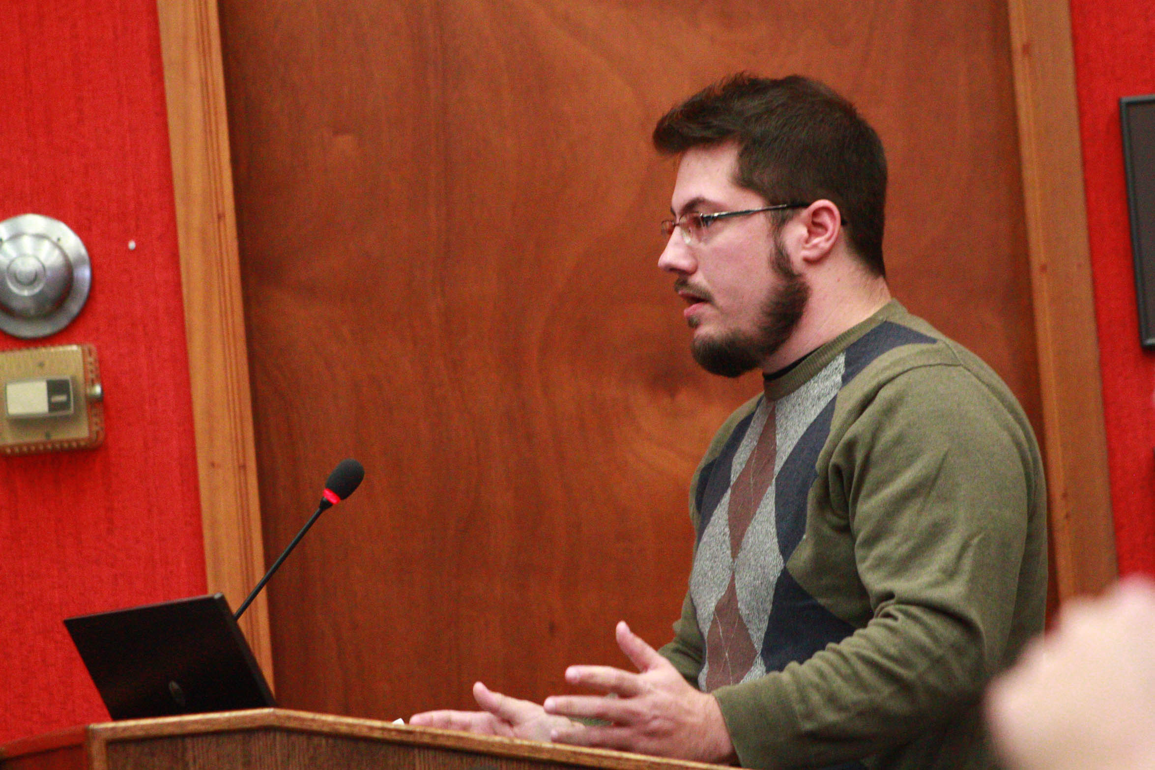 <p>Wild Zoo Parties owner Marc Cunningham asks councillors to consider a permanent exemption to the municipal exotic animal bylaw during a November meeting. (Chad Ibbotson/Gazette staff)</p>
