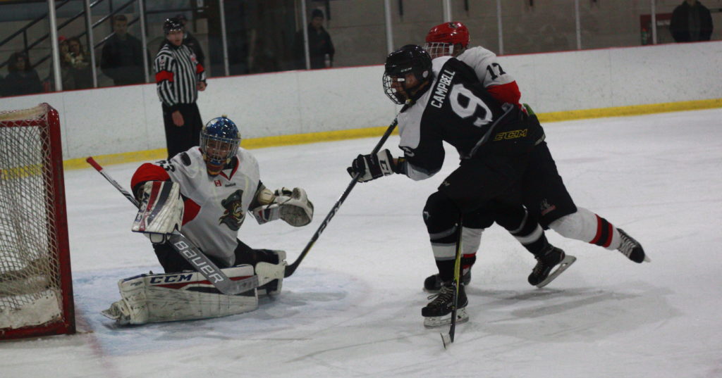 <p>Picton goalie Aaron Young gets his arm on a shot from Napanee’s Jake Campbell during the second period of last Thursday’s 5–4 win. (Chad Ibbotson/Gazette staff)</p>
