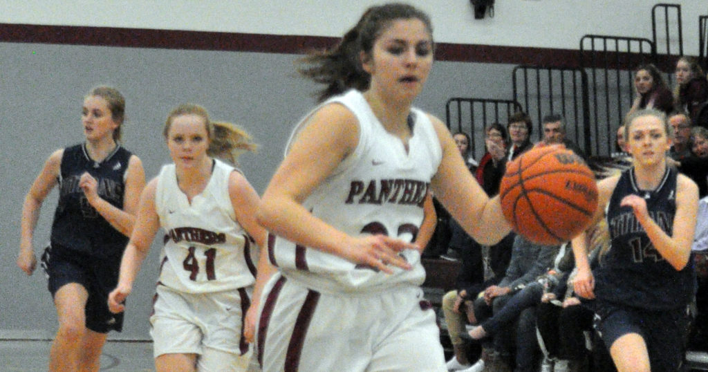 <p>Big finish – Vanessa Willis (with ball) had 45 points in two games at COSSA, but the PECI Senior Basketball Panthers settled for silver Thursday. Also pictured in the Bay of Quinte Conference final is Chloe Marshall. (Adam Bramburger/Gazette staff)</p>
