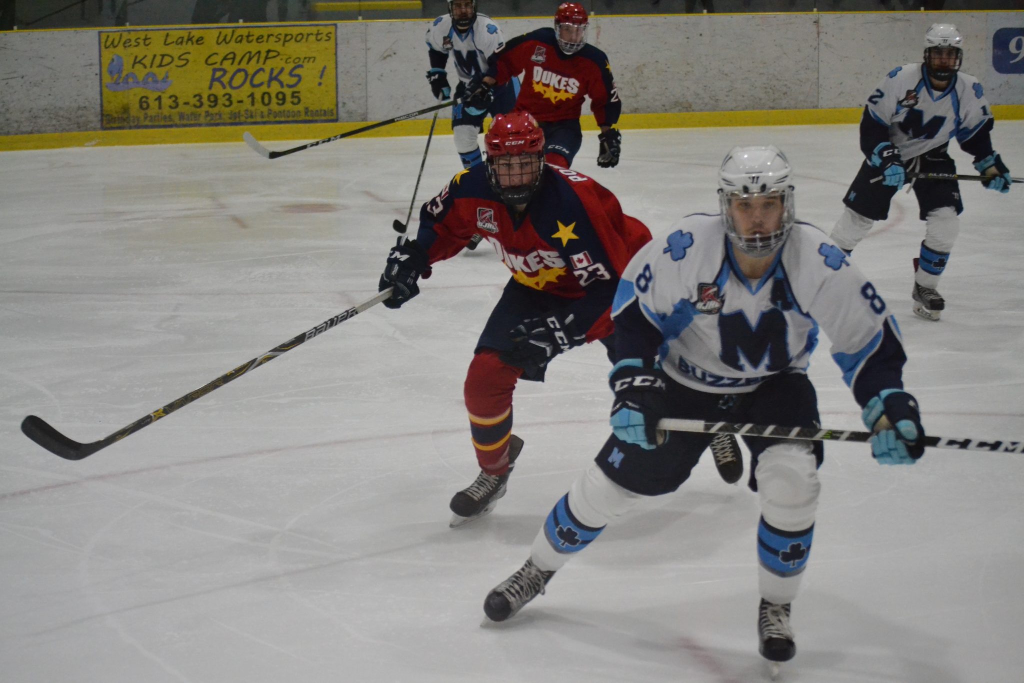 <p>POWER PLAY- Wellington Dukes forward Nelson Powers has St. Michael&#8217;s Buzzer defenceman Mike Pellegrini in his sights during Wellington&#8217;s 3-2 overtime win Sunday afternoon at Essroc Arena. (Jason Parks/Gazette Staff)</p>
