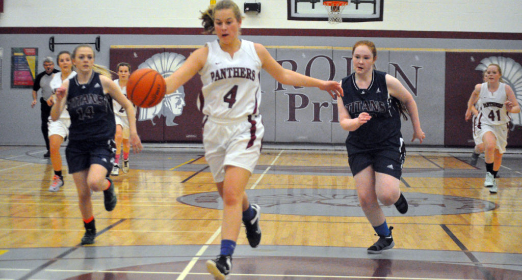<p>Front-runner – PECI Panthers co-captain Lydia Snider breaks in alone on the basket during her team’s Bay of Quinte Conference final victory over the St. Theresa Titans. The Panthers have now gone unbeaten for two years straight in league competition. (Adam Bramburger/Gazette staff)</p>
