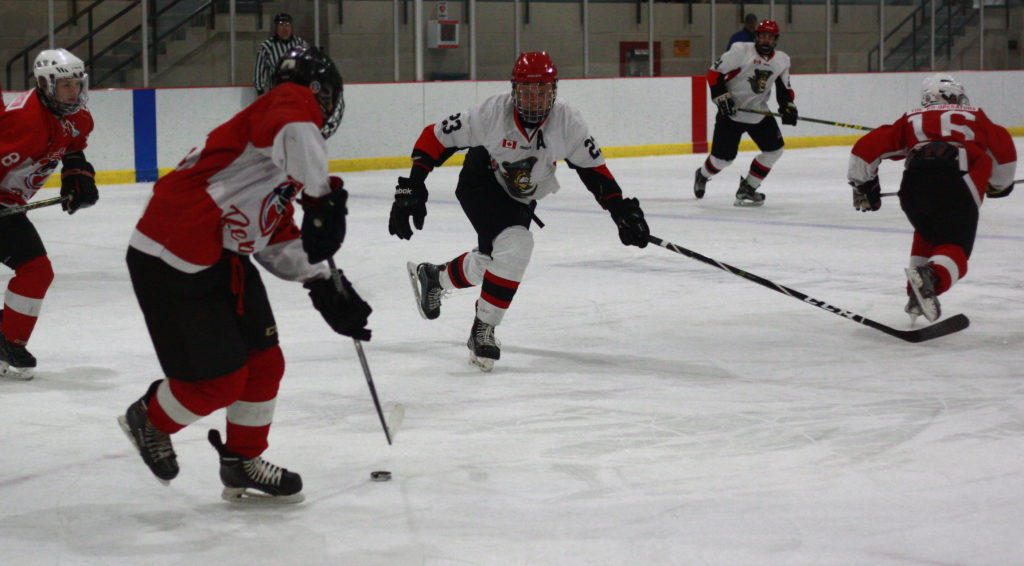 <p>Pirates forward Gerald Bilker takes away a passing lane during the first period of last Thursday’s game. Bilker had two goals and two assists in the contest. (Chad Ibbotson/Gazette staff</p>
