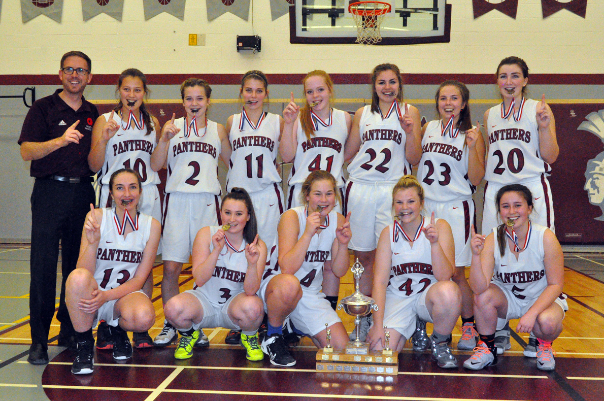 <p>Back-to-back champs – The PECI Senior Basketball Panthers finished their second perfect Bay of Quinte Conference campaign, beating St. Theresa in the final 61-48. Pictured (back row, from left) are coach Rob Garden, Jessie Swackhammer, Emma Lamorre, Chloe Marshall, Vanessa WIllis, Hannah Smith, Alannah Burris, (front row, from left) Abby Margetson, Kelli-Anne Maycock, Lydia Snider, Chloe MacDonald, and Leah Matthews. (Adam Bramburger/Gazette staff)</p>
