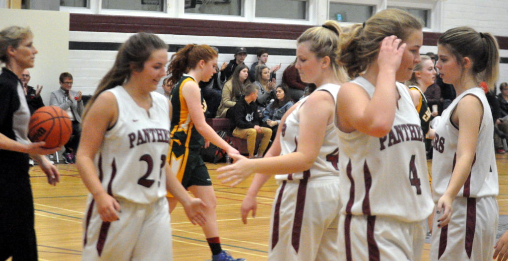<p>Moving on – From left, Senior Panthers Hannah Smith, Chloe MacDonald, Lydia Snider, and Emma Lamorre celebrate their semifinal win over Centennial Wednesday. (Adam Bramburger/Gazette staff)</p>
