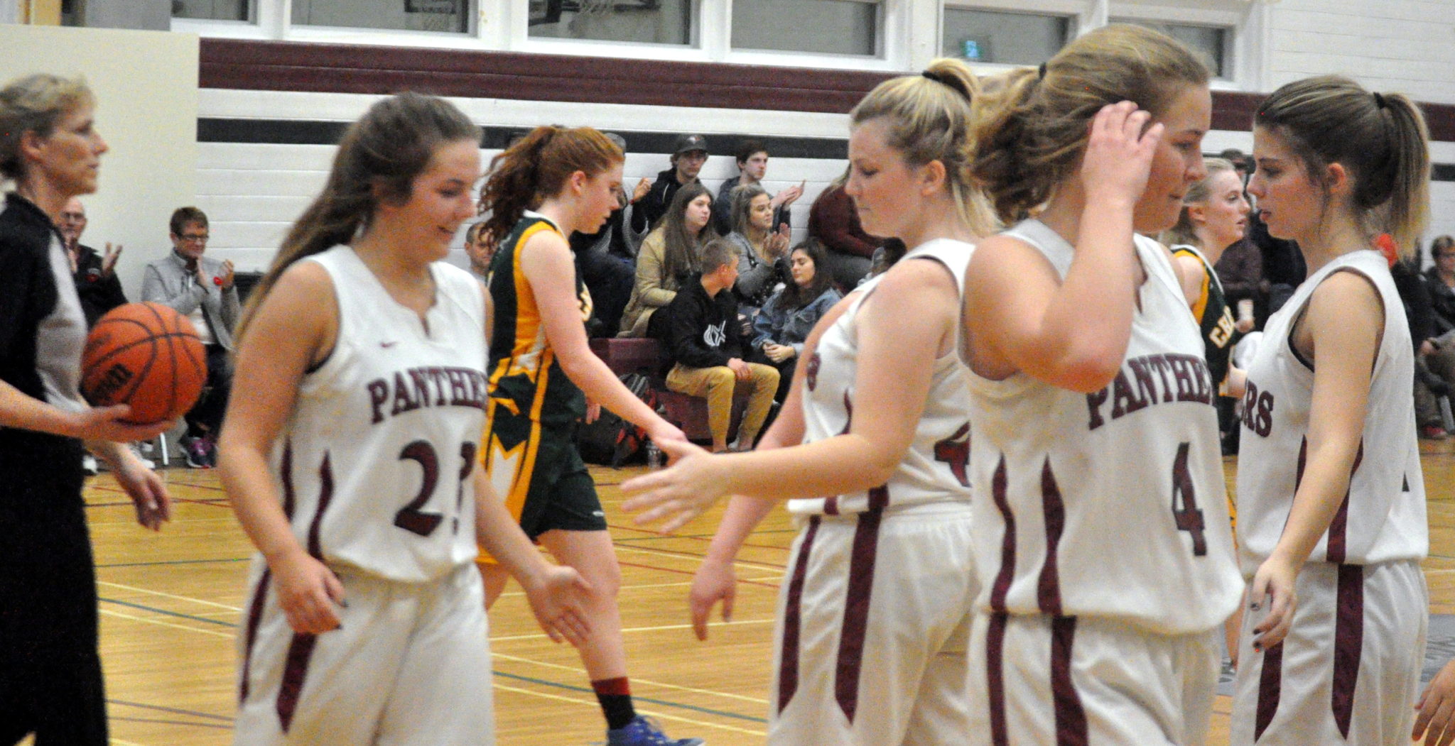 <p>Moving on &#8211; From left, Senior Panthers Hannah Smith, Chloe MacDonald, Lydia Snider, and Emma Lamorre celebrate their semifinal win over Centennial Wednesday. (Adam Bramburger/Gazette staff)</p>
