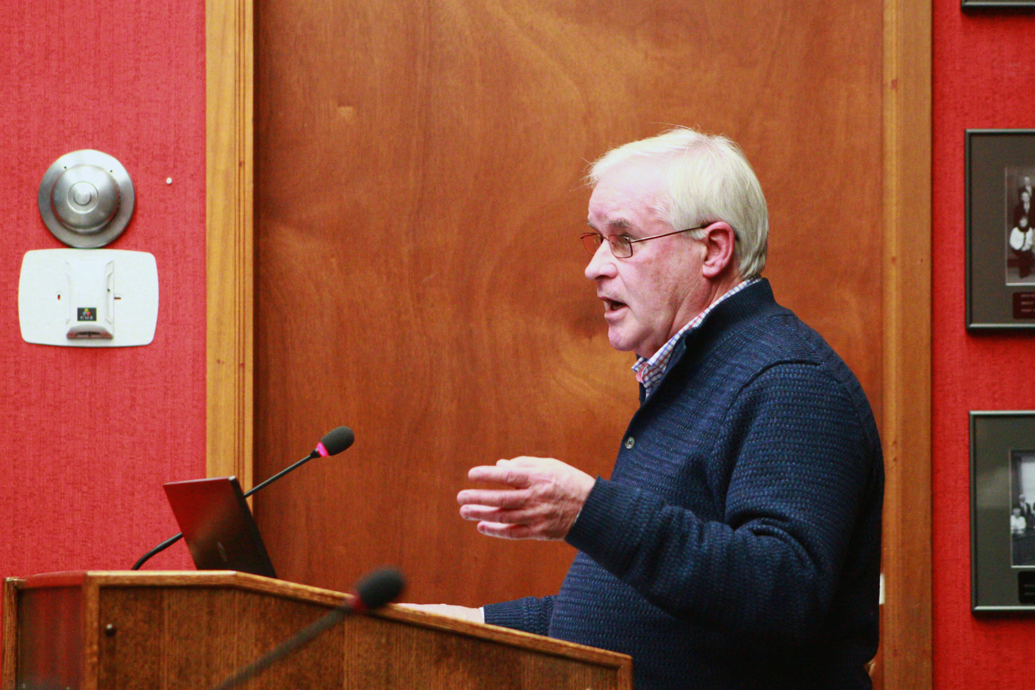 <p>Prince Edward Heritage Advisory Committee (PEHAC) chair Peter Lockyer addresses council. (Chad Ibbotson/Gazette staff)</p>
