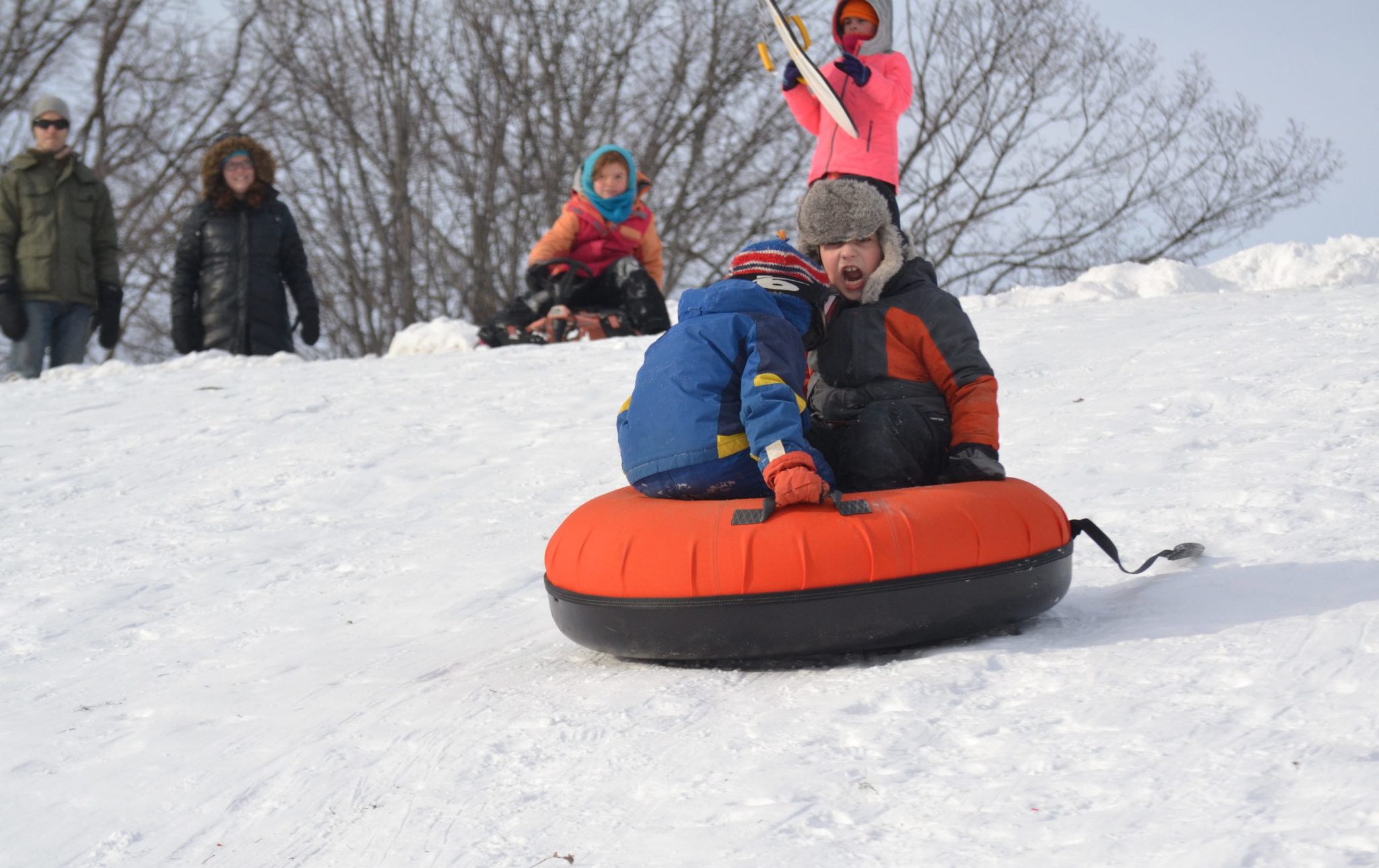<p>IT&#8217;S ALL DOWNHILL- There was no business like snow business for the Vader brothers of Cherry Valley on Sunday. (Jason Parks/Gazette Staff)</p>

