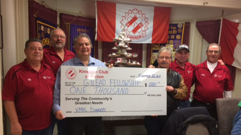 <p>The Kinsmen Club of Picton once again supported the Gilead Fellowship and friends’ Christmas Day dinner with a $1,000 donation. Here, Gilead pastor Larry Snyder (third from right) receives the donation from Kinsmen, from left, Jean Theoret, Phil St. Jean, Elia Gallo, Brian Lindensmith, and Wayne Fenemore. (Submitted photo)</p>
