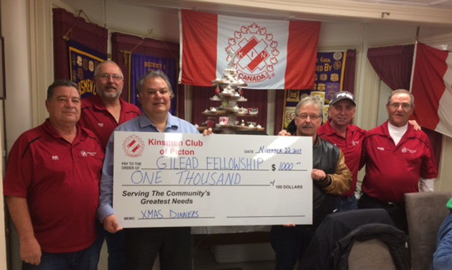 <p>The Kinsmen Club of Picton once again supported the Gilead Fellowship and friends’ Christmas Day dinner with a $1,000 donation. Here, Gilead pastor Larry Snyder (third from right) receives the donation from Kinsmen, from left, Jean Theoret, Phil St. Jean, Elia Gallo, Brian Lindensmith, and Wayne Fenemore. (Submitted photo)</p>
