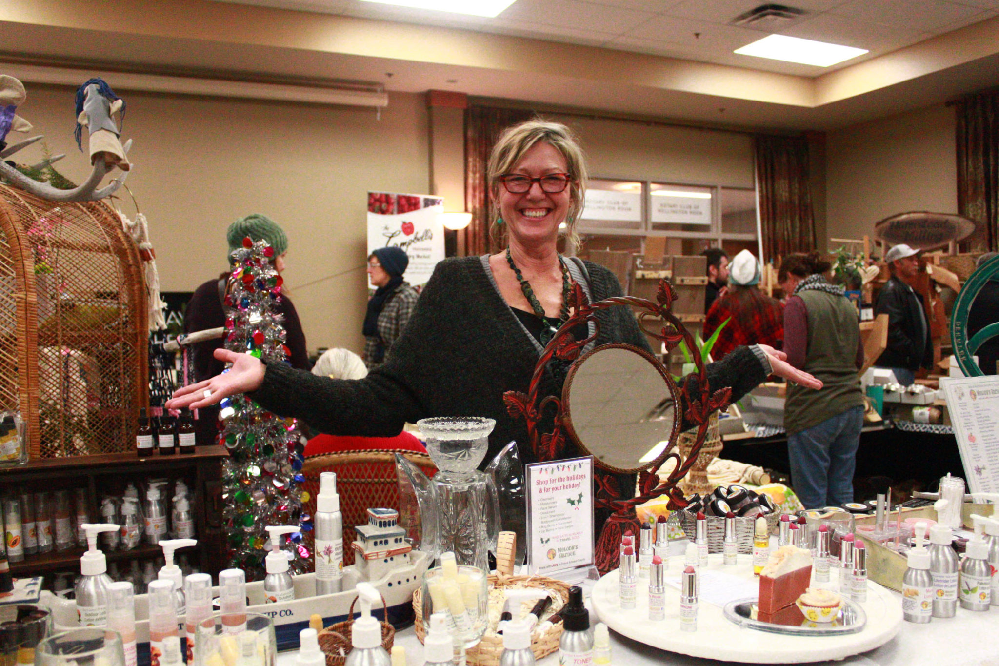 <p>Melody’s Garden owner Melody Van Koughnett showcases her all natural hair- and skin-care products at Busy Hands on Saturday. (Chad Ibbotson/Gazette staff)</p>
