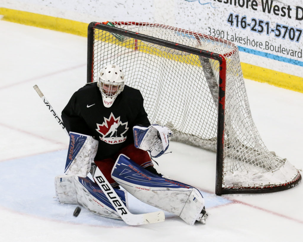 <p>North York Rangers netminder Jett Alexander at the 2017 World Junior A Challenge Team Canada East training camp last fall.<br />
(Photo by Spencer Smye / OJHL Images)</p>
