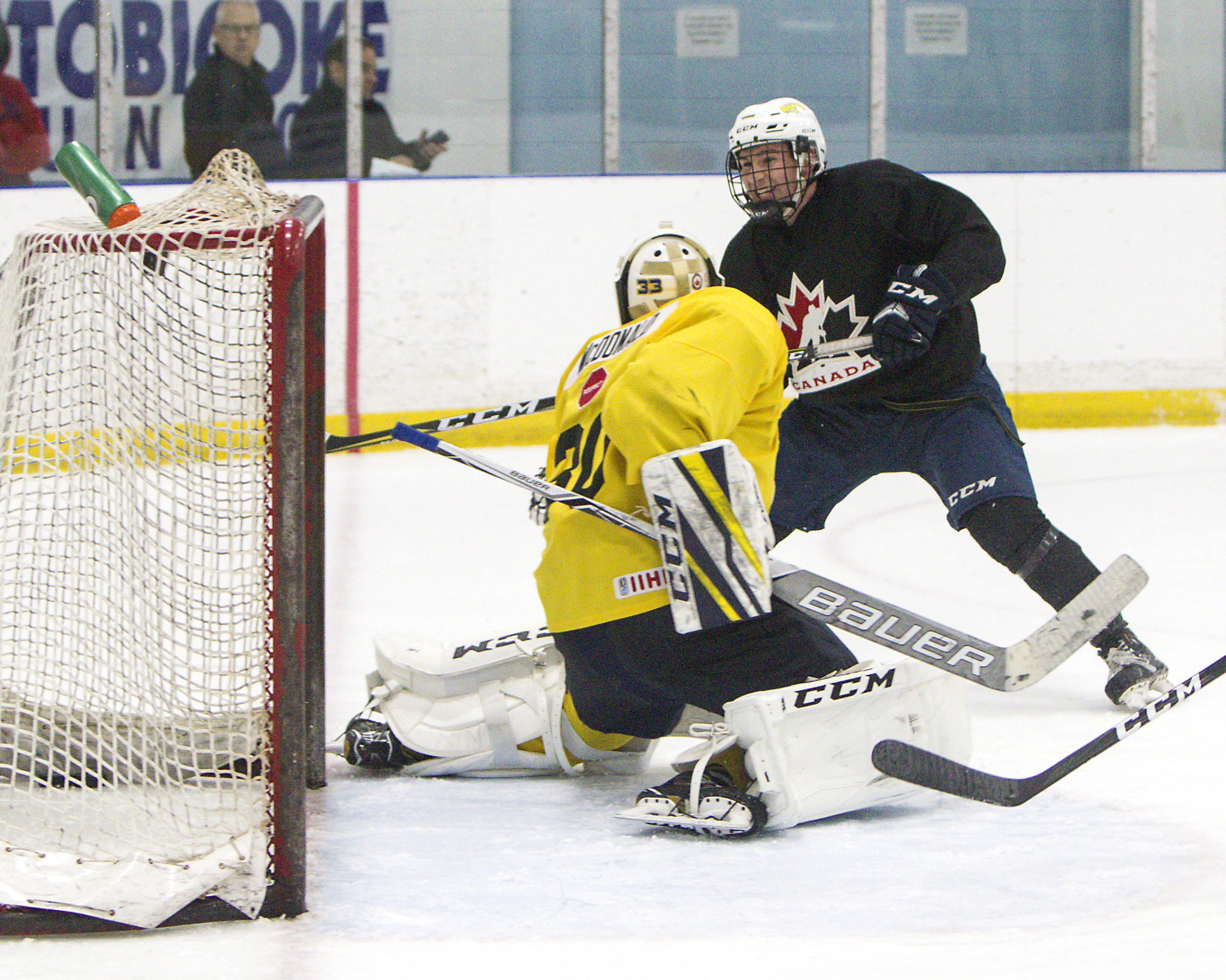 <p>PICKING HIS SPOT- Wellington Duke Captain Colin Doyle scores a goal during day one of the Team Canada East Training Camp in Etobicoke this weekend. Doyle, along with Wellington teammates Ben Evans and Mason Snell made the team as did Prince Edward County product and North York Rangers net minder Jett Alexander.<br />
(Photo by Brian Watts / OJHL Images)</p>
