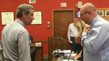 <p>Changes upheld – The County’s solicitor Wayne Fairbrother and appellant Pierre Klein speak at the end of a three-day OMB hearing into the size of council in July. Ultimately, OMB member Mary Ann Sills upheld the municipality’s restructuring choices. (Adam Bramburger/Gazette staff)</p>

