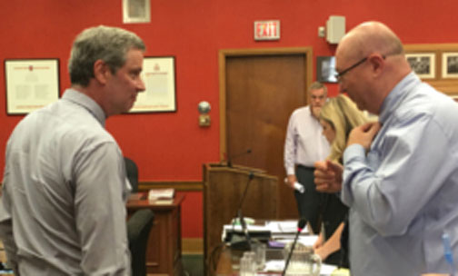 <p>Changes upheld – The County’s solicitor Wayne Fairbrother and appellant Pierre Klein speak at the end of a three-day OMB hearing into the size of council in July. Ultimately, OMB member Mary Ann Sills upheld the municipality’s restructuring choices. (Adam Bramburger/Gazette staff)</p>
