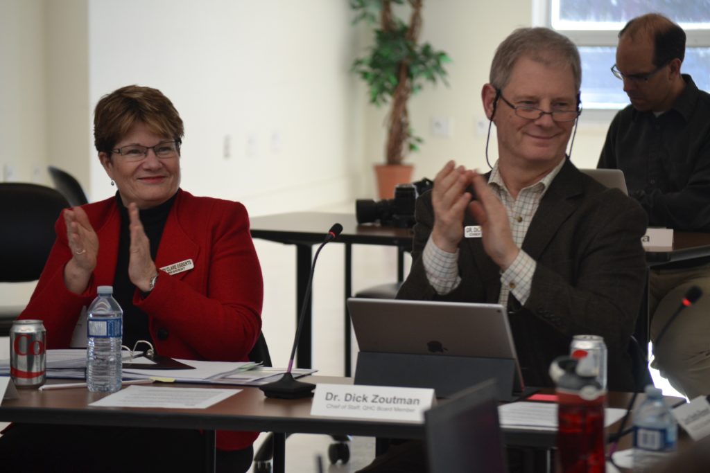 <p>A HAND FOR THE NEW HOSPITAL- QHC President and CEO Mary Clare Egberts and Chief of Staff Dr. Dick Zoutman applaud at a Board of Directors meeting Tuesday afternoon at Belleville General Hospital. QHC officials were happy the Southeast Local Health Integration Network gave unanimous approval for plans to redevelop Prince Edward County Memorial Hospital. (Jason Parks/Gazette Staff)</p>
