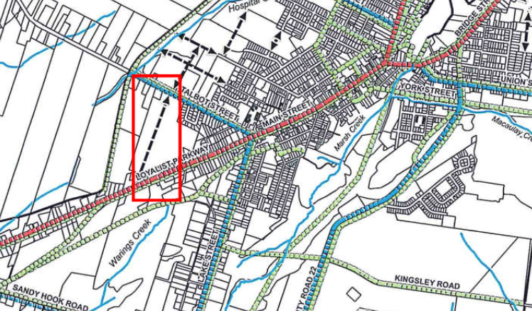 <p>The subject lands outlined by the red box shows the proposed route of a new collector road. (Prince Edward County)</p>

