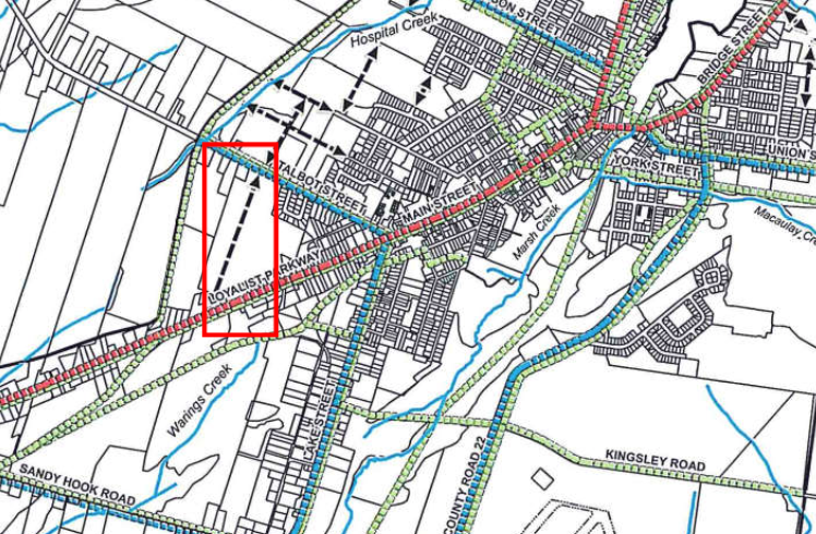 <p>The subject lands outlined by the red box shows the proposed route of a new collector road. (Prince Edward County)</p>
