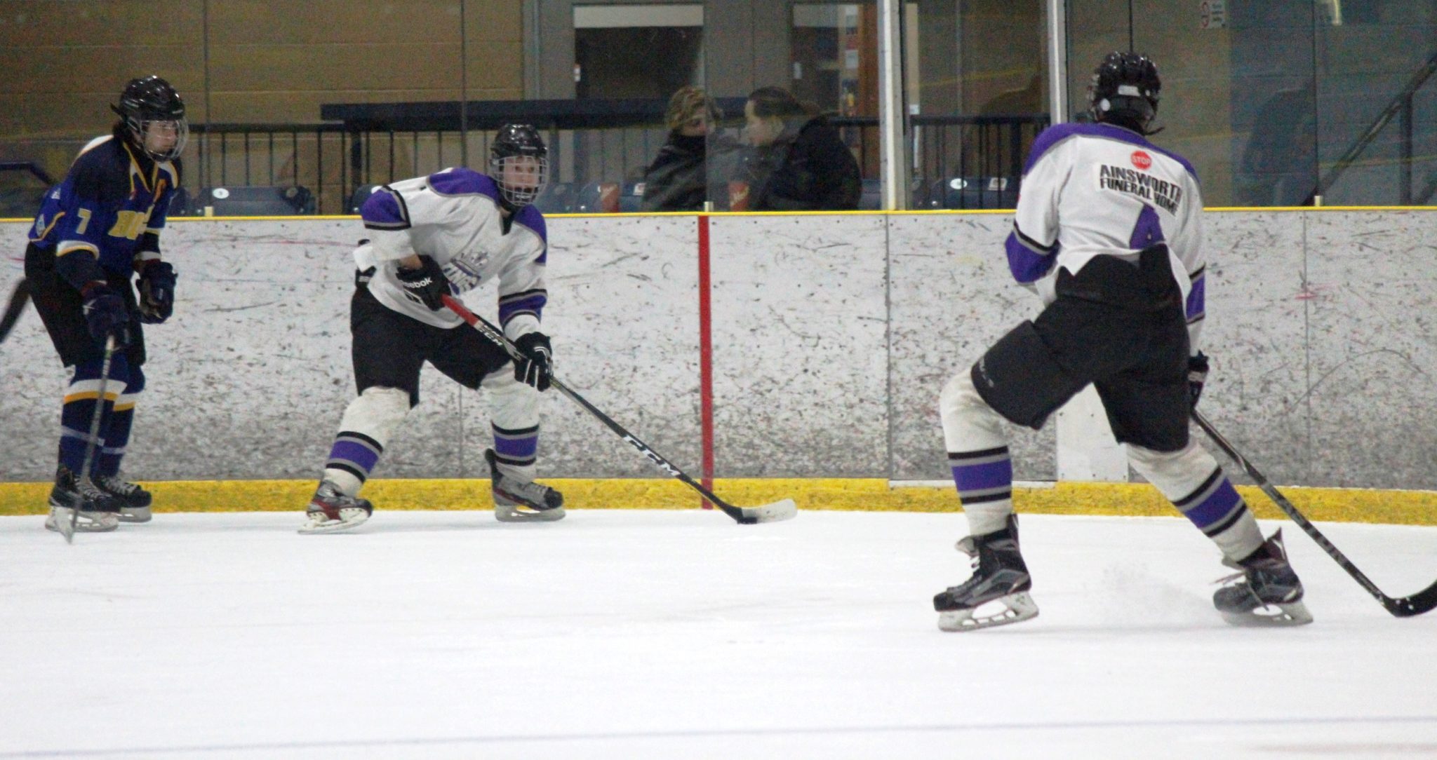 <p>KINGS ON THE MOVE- Ainsworth Funeral Home Midget BB Kings forward Wyatt Gilbert looks to pass the puck to defenceman Braeden Kelly during the Kings 7-2 win over Stirling Sunday. Gilbert had three goals including a game winner with under 30 seconds to play in the Kings’ 4-3 win in Game Two a day prior. (Submitted Photo)</p>
