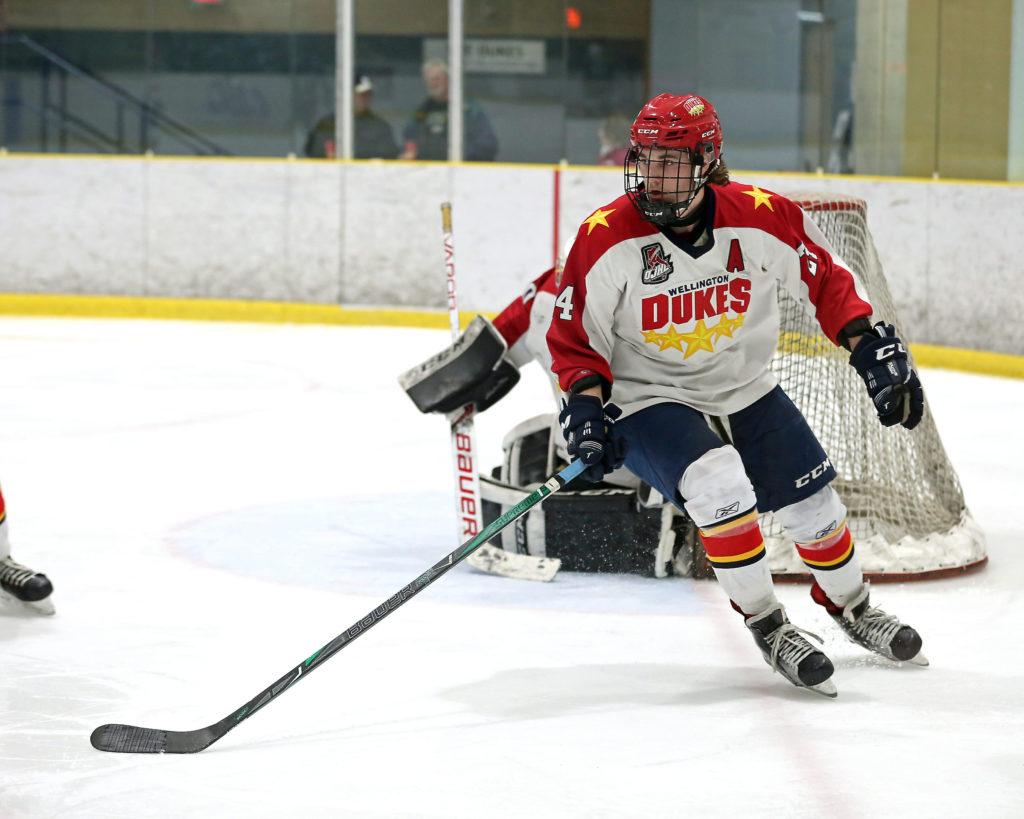 <p>POWER FORWARD- Wellington Duke Jackson Arcan had a pair of goals including the game winner in a 4-3 win over the Orangeville Flyers Saturday. Wellington also bested Cobourg this weekend to become the first Northeastern Conference club to attain 60 points in 2017-18.<br />
(Photo by Ed McPherson / OJHL Images)</p>
