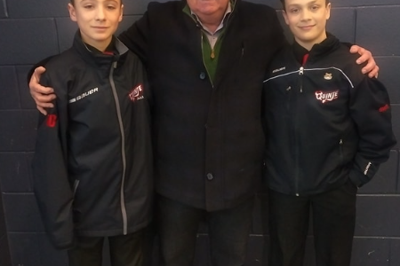 <p>COMMUNITY MINDED- Prince Edward County Mayor Robert Quaiff attended the ‘Pink-in-the-Rink’ event hosted by the Bonn Law Pee Wee Quinte Red Devils Saturday afternoon. County natives (Left) Keenan Wiles and (Right) Ben Smith and their teammates raised over $8,000 for breast cancer research. (Submitted Photo)</p>
