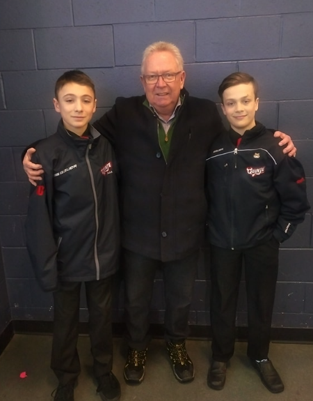 <p>COMMUNITY MINDED- Prince Edward County Mayor Robert Quaiff attended the ‘Pink-in-the-Rink’ event hosted by the Bonn Law Pee Wee Quinte Red Devils Saturday afternoon. County natives (Left) Keenan Wiles and (Right) Ben Smith and their teammates raised over $8,000 for breast cancer research. (Submitted Photo)</p>
