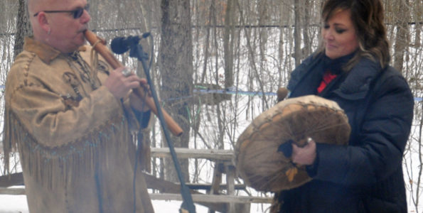 <p>Sharing culture – David Maracle and Kim Maracle perform traditional Mohawk music as part of a ceremony to give thanks for upcoming maple syrup harvest Friday morning at Trillium Ridge Sugar Works Tyendinaga Township. (Adam Bramburger/Gazette staff)</p>
