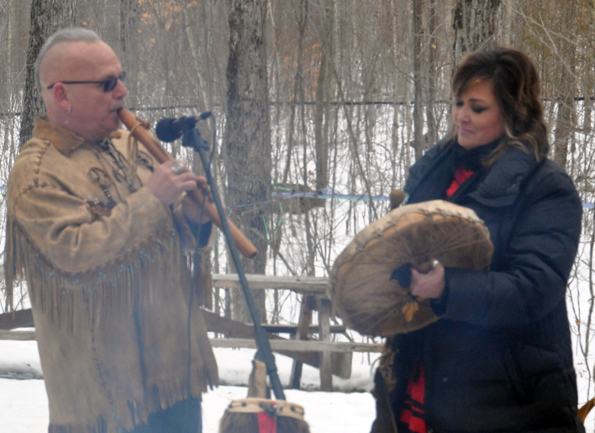 <p>Sharing culture – David Maracle and Kim Maracle perform traditional Mohawk music as part of a ceremony to give thanks for upcoming maple syrup harvest Friday morning at Trillium Ridge Sugar Works Tyendinaga Township. (Adam Bramburger/Gazette staff)</p>
