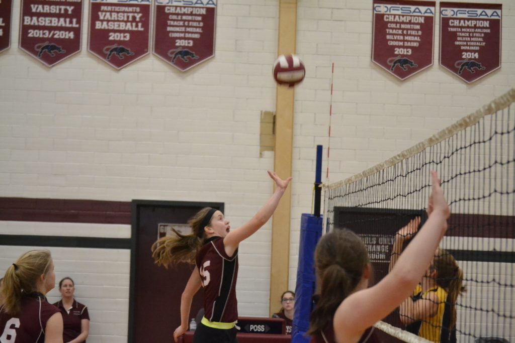 <p>ON THE NET- PECI Captain Trinity Roche goes skyward to put a ball into the Trenton High School side during the Central Ontario bronze medal championship game at PECI Thursday (Jason Parks/Gazette Staff)</p>
