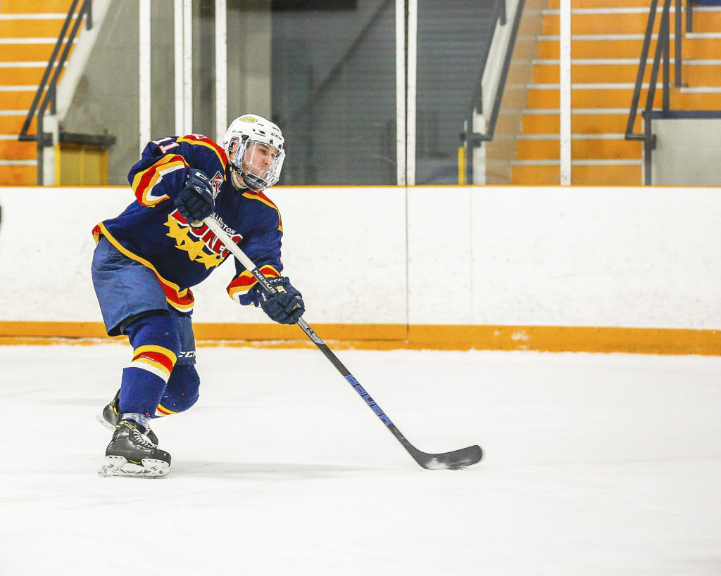 <p>THE MIGHTY MCGEEN- Wellington Duke Teddy McGeen had three goals to help his club beat the host Trenton Golden Hawks Friday evening at the Duncan McDonald Memorial Arena in Trenton.<br />
(Photo by Ray MacAloney / OJHL Images)</p>
