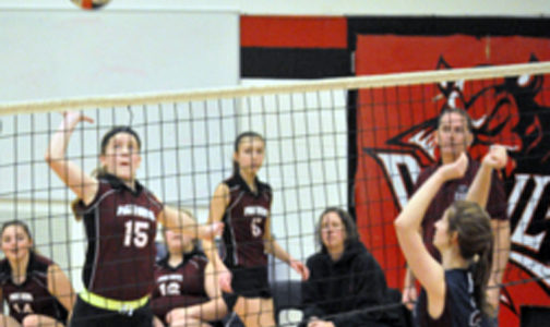<p>Lined up -PECI Panthers hitter Trinity Roche prepares to smash a ball toward the St. Theresa Titans defence during the Bay of Quinte Conference bronze medal game Friday at Bayside. (Adam Bramburger/Gazette staff)</p>
