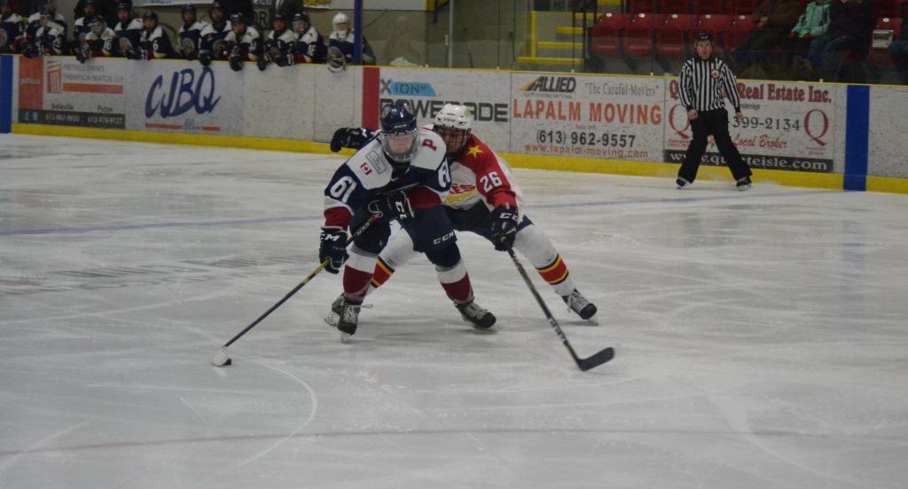 <p>NO ESCAPE- Dukes  defenceman Keegan Ferguson tracks down Pickering Panther forward Andrew Poulias during Wellington’s 3-2 win at Essroc Arena Friday evening. (Jason Parks/Gazette Staff)</p>
