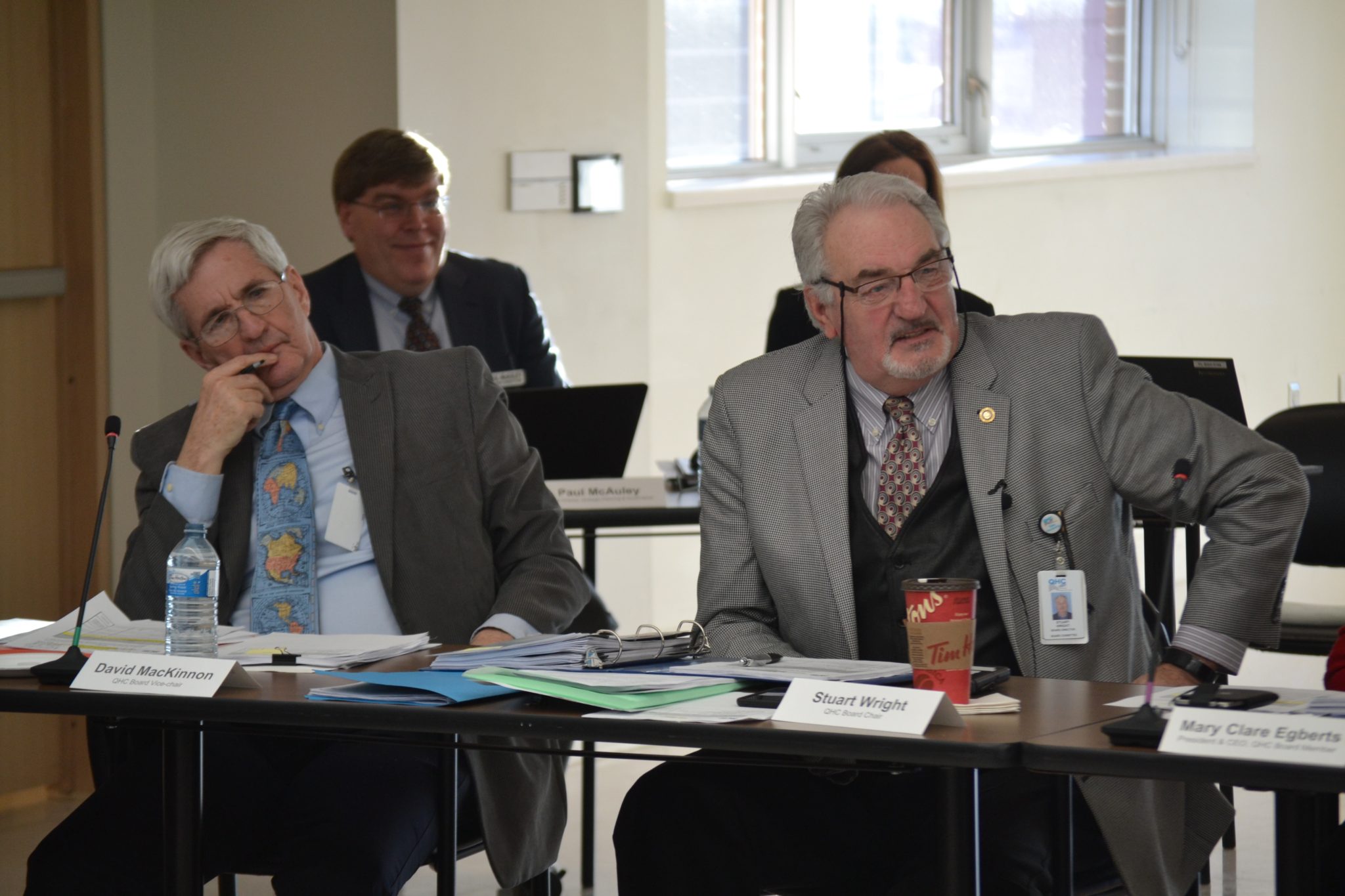 <p>NEW PLACES AT THE TABLE- (Right) Incoming Chair of the QHC Board Stuart Wright is replacing Doug McGregor (not pictured). Also moving up the chain of QHC command is (Left) David MacKinnon who will serve as Vice Chair (Jason Parks/Gazette Staff)</p>
