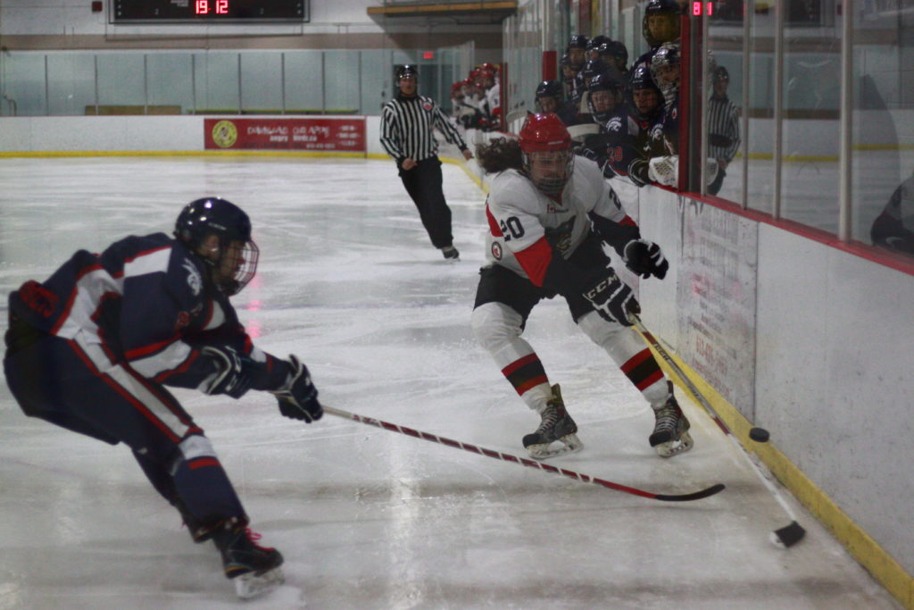 <p>Picton Pirates defenceman Matthew Scott races Port Hope’s Cameron McGill to a loose puck. (Chad Ibbotson/Gazette staff)</p>
