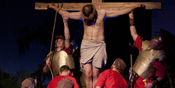 <p>Sacrifice – Actors portray a scene of soldiers removing Jesus Christ from the cross as part of a dramatic re-enactment of the Easter story at Emmanuel Baptist Church in Bloomfield. (Submitted photo)</p>
