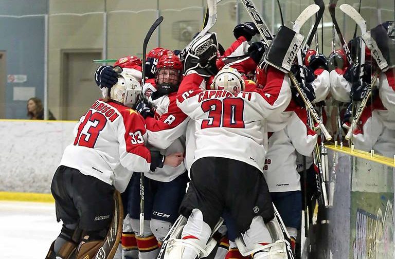 <p>OH WHAT A FEELING- The Wellington Dukes celebrate their dramatic Game 7 win Tuesday evening. The Dukes bested the Newmarket Hurricanes 3-2 in overtime. (Submitted Photo)</p>

