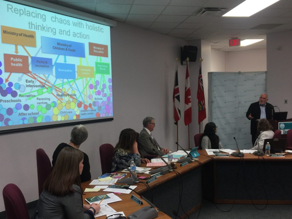 <p>SUPPORTING THE CAUSE- (Far right) Dr. Charles Pascal makes a presentation in support of the County Food Hub project to Hastings and Prince Edward District School Board Trustees in March. (Jason Parks/ Gazette Staff)</p>

