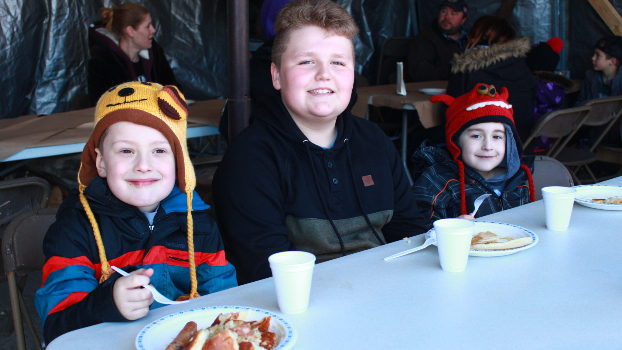 <p>Lachlann Bremner, Lucas McMurdo, and Thorin Bremner enjoyed a pancake breakfast at Strictly Maple on Saturday. (Chad Ibbotson/Gazette staff)</p>
