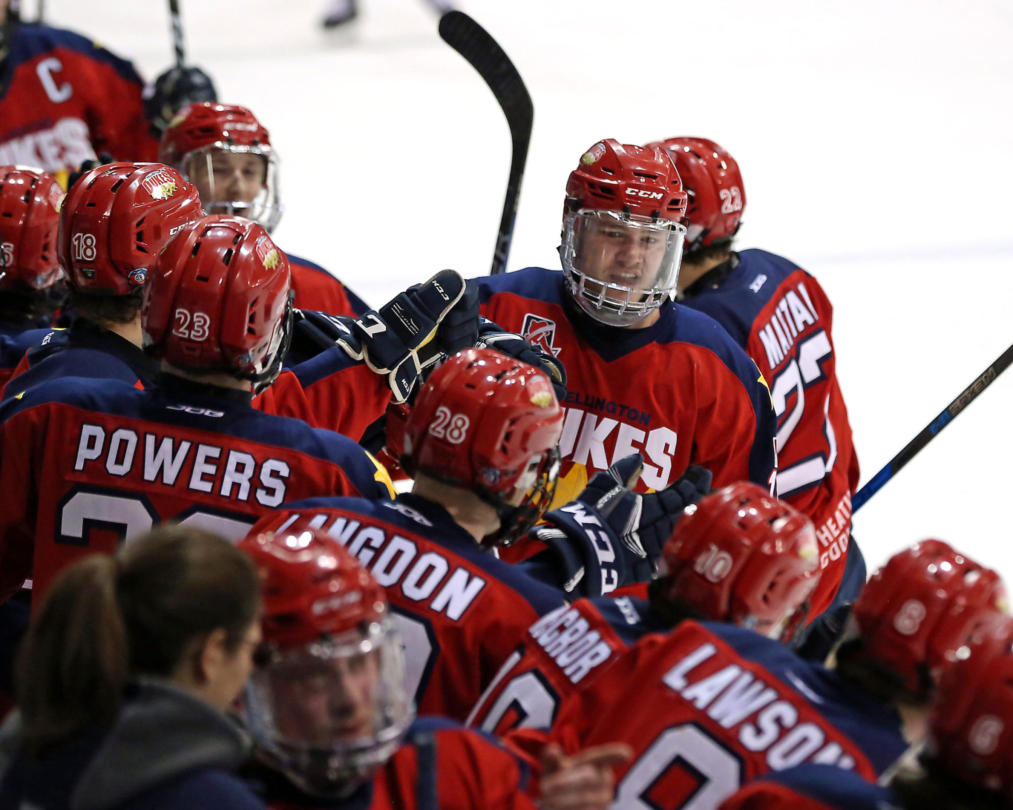 <p>HOME IN SEVEN- Wellington Duke Ben Evans leads the goal train past his bench after scoring early in Game 6 of the 2018 OJHL Northeast Conference. Wellington defeated the host Newmarket Hurricanes 3-2 to force Game 7 Tuesday at Essroc Arena.<br />
(Photo by Ed McPherson / OJHL Images)</p>

