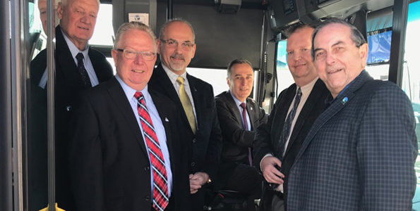 <p>Money for mobility – Mayor Robert Quaiff (second from left) joined Quinte West deputy mayor Jim Alyea, Belleville Mayor Taso Christopher, MP Neil Ellis,  transit operations manager Paul Buck, and councillor Garnet Thompson for Friday’s funding announcement. (Submitted photo)</p>
