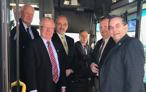 <p>Money for mobility – Mayor Robert Quaiff (second from left) joined Quinte West deputy mayor Jim Alyea, Belleville Mayor Taso Christopher, MP Neil Ellis,  transit operations manager Paul Buck, and councillor Garnet Thompson for Friday’s funding announcement. (Submitted photo)</p>
