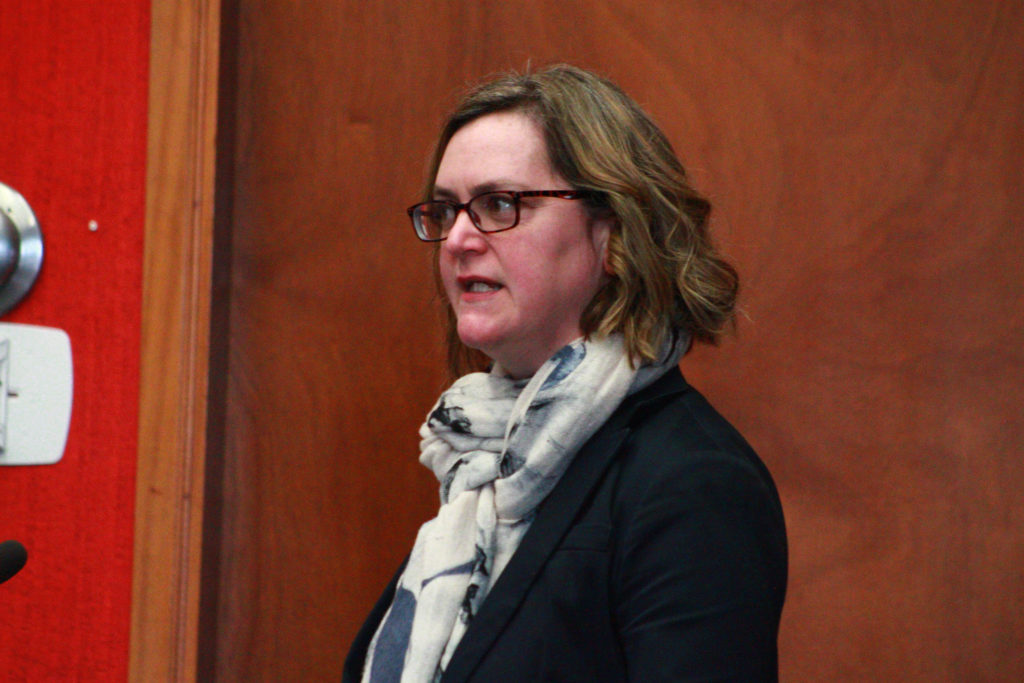 <p>Prince Edward Chamber of Tourism and Commerce manager Emily Cowan speaks at Shire Hall earlier this year. (Chad Ibbotson/Gazette staff)</p>
