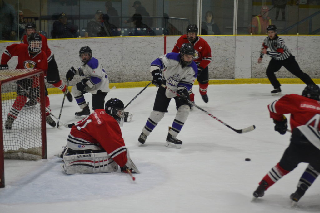<p>ON THE HUNT- Lehigh Cement Group Bantam BB King Cole Lavender brings the puck to the net in Game 6 of the 2018 OMHA BB Bantam Semi Finals. (Jason Parks/Gazette Staff)</p>
