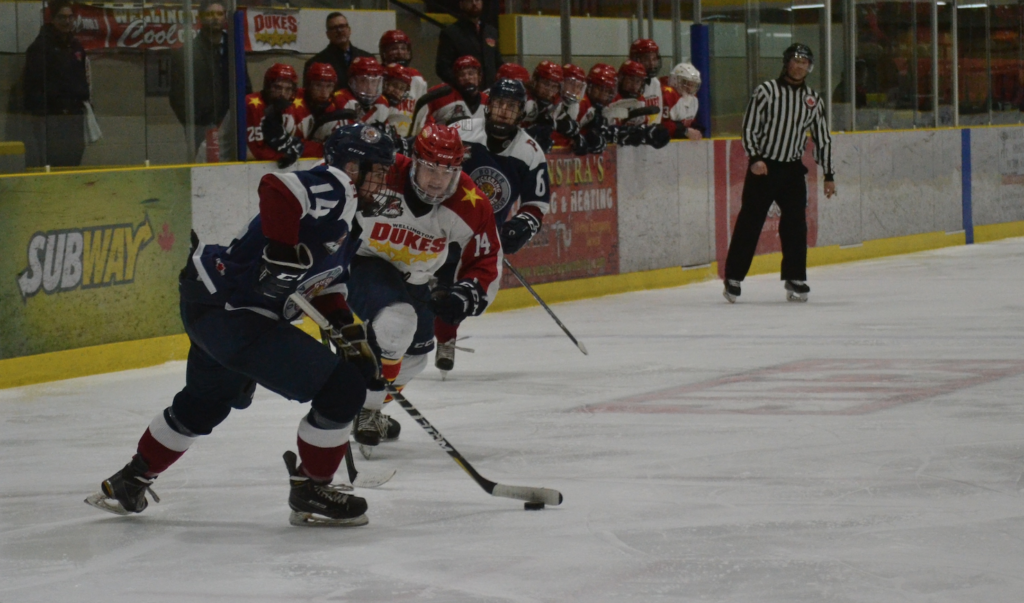 <p>ON THE EDGE- Wellington Dukes forward Ben Evans skates after Pickering Panthers defenceman Anthony Azzano in Game 5 of the OJHL Northeast Conference Quaterfinals. (Lindsey Harren for the Gazette)</p>
